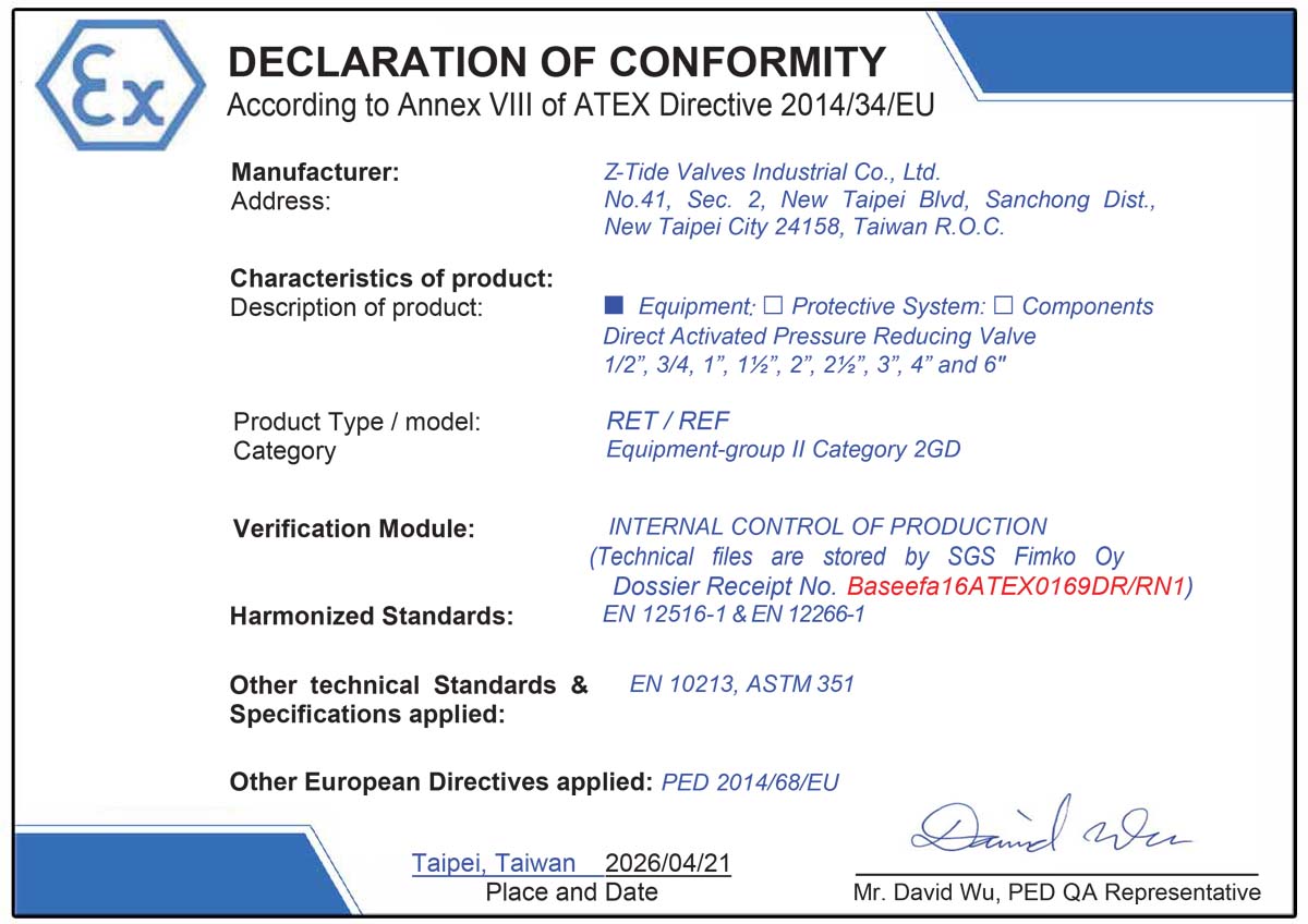 ATEX-certified Z-Tide Stainless Steel 316 Direct Acting Pressure Reducing Valve