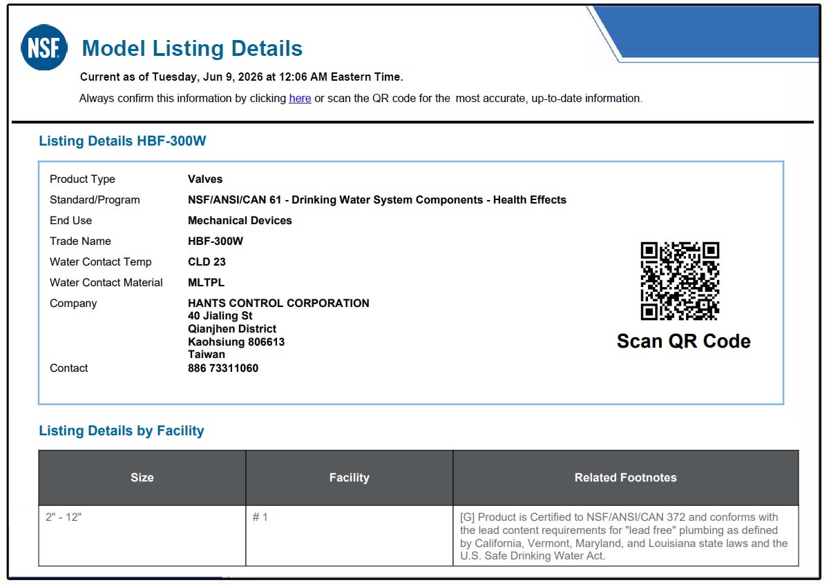 Hants wafer butterfly valve certified to NSF/ANSI/CAN 61 health effects certification for drinking water system components